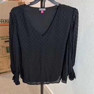 Vince Camuto Black Swiss Dot V-Neck Long Sleeve Blouse